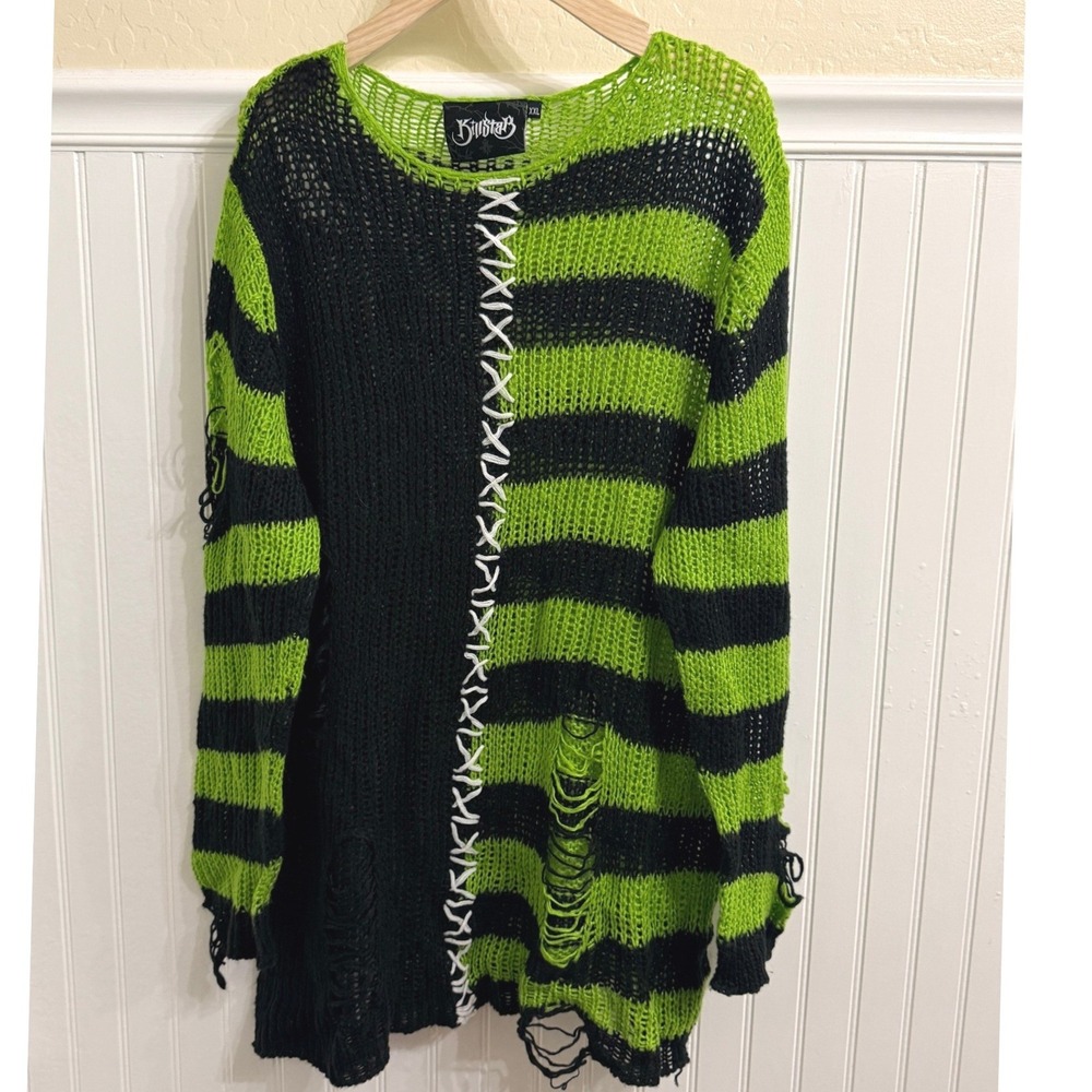 Killstar Unisex Goth Split Stripe Acidic Knit Sweater, Black Green, XXL